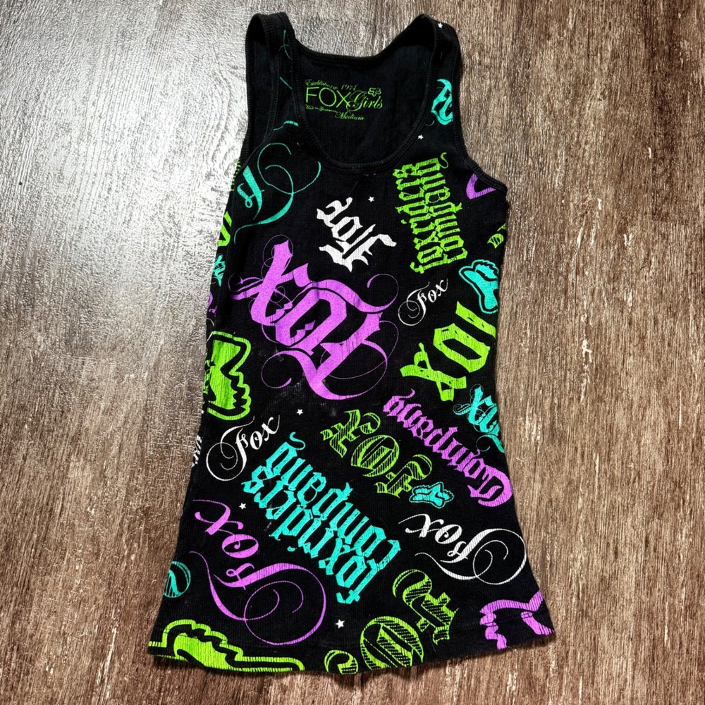 Fox Racing Tank Top Girls Medium Black Neon All Over Print Ribbed Cotton Y2K